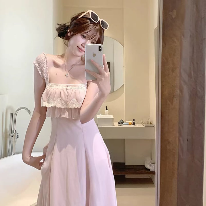 【dress】レースフリルロングキャミワンピース Q8465