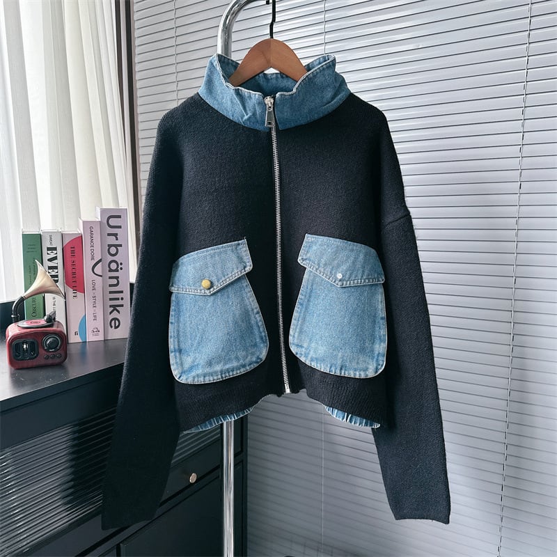 【outer】デニム切り替えニットカーデ　M25530