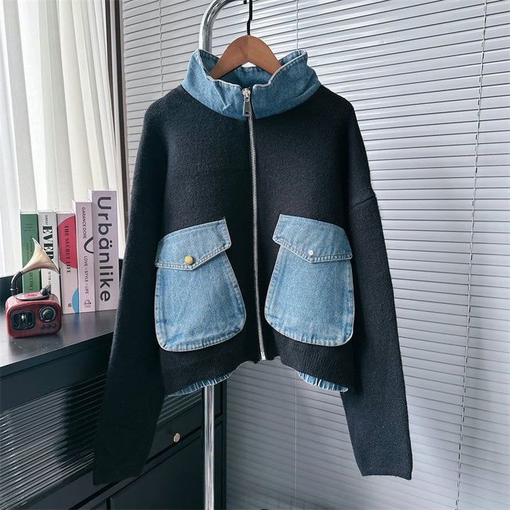 【outer】デニム切り替えニットカーデ　M25530