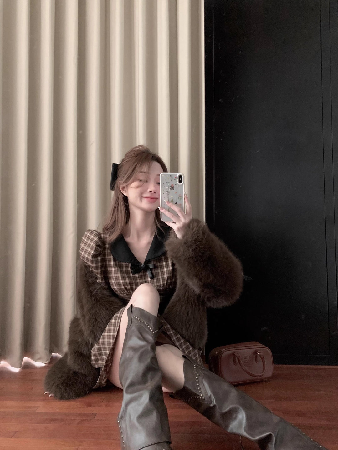 【dress】チェック柄ピーターパンカラーワンピース Q7342