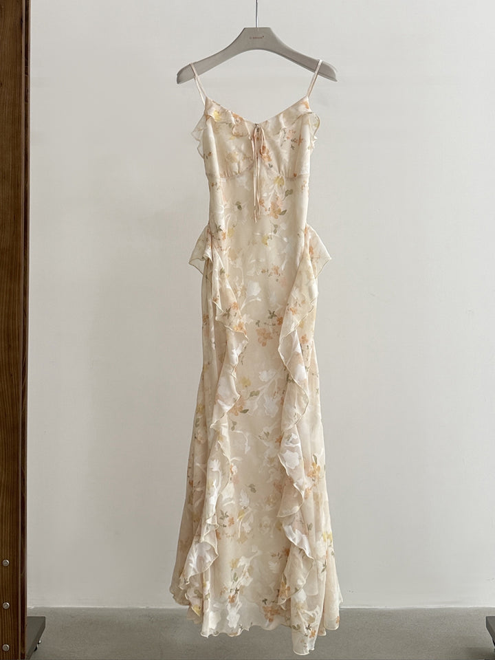 【dress】フラワー柄ギャザーフリルロングキャミワンピース Q8668