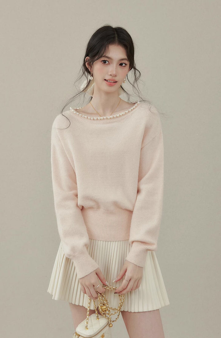【tops】パール付きニットトップス Q7593