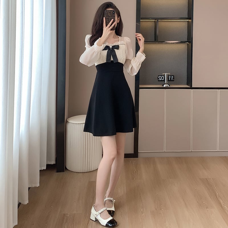 【dress】リボン付き切り替えデートワンピースオシャレ　M17575