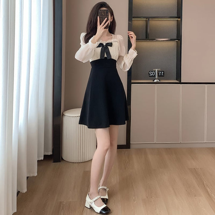 【dress】リボン付き切り替えデートワンピースオシャレ　M17575