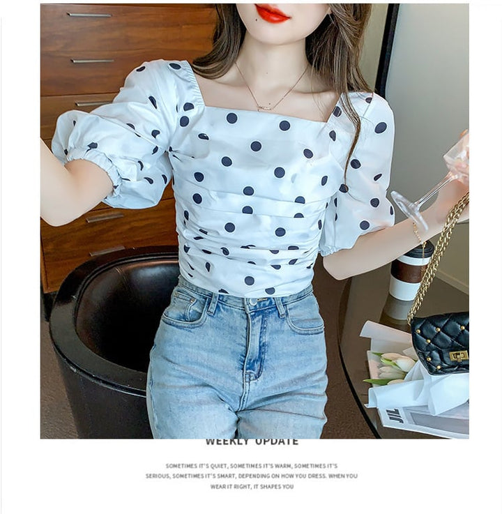 【tops】好感度UPスウィートパフスリーブドット柄トップス　M17298