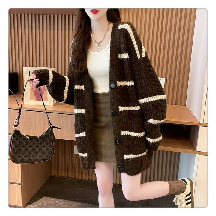 【outer】ボーダー柄ニットカーデ　M18595