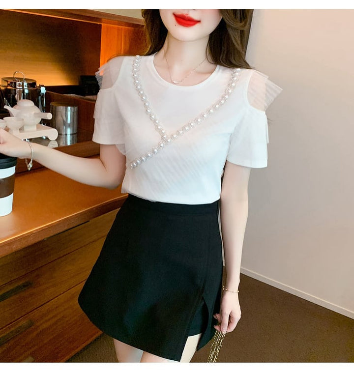 【tops】好感度UP 切り替えオフショルダーTシャツトップス　M16841