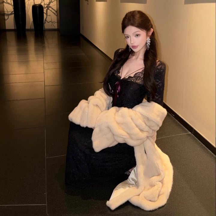 【dress】リボン付きレースタイトワンピース Q7602