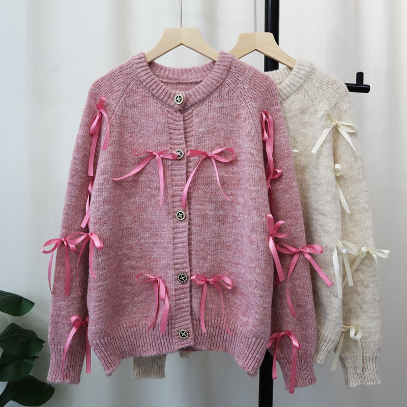 【outer】リボン付きニットカーデ　M26995