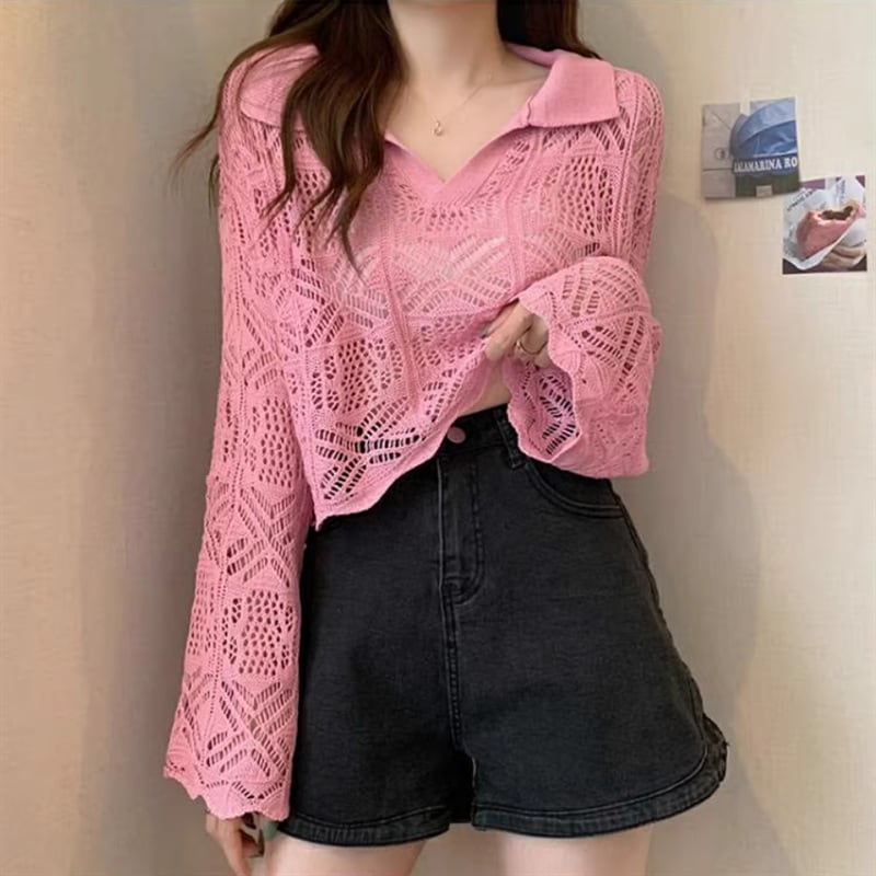 【tops】ベルスリーブ透かしニットトップス Q8308