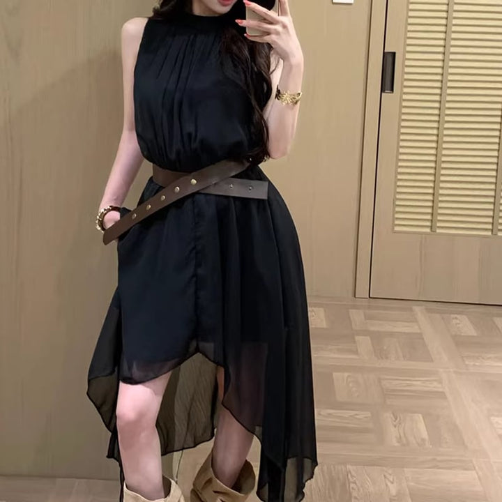 【dress】ベルト付きノースリーブシフォンイレヘムワンピース Q8263