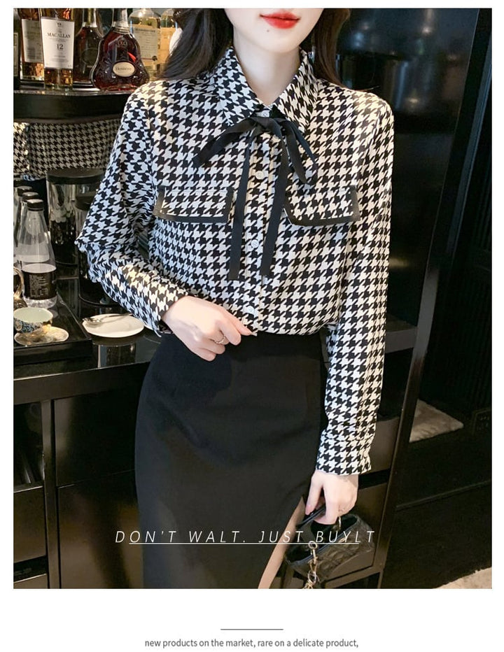 【tops】千鳥格子リボン付きシャツトップス着心地良い　M16982