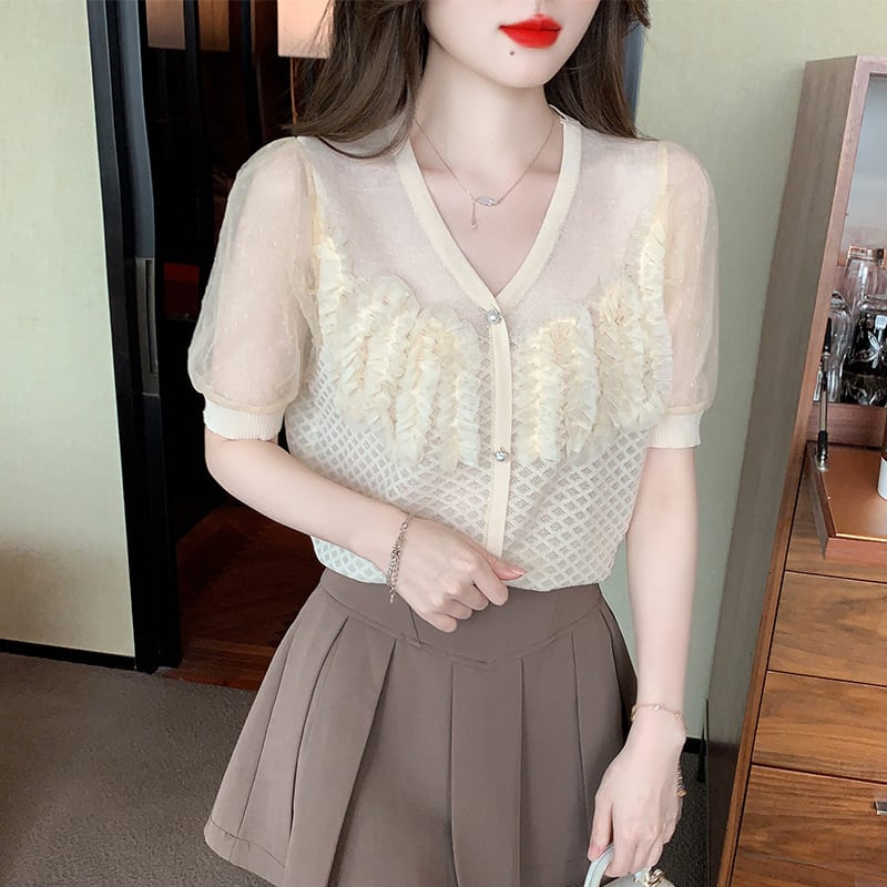 【tops】柔らかくて優しい印象薄手ニットシャツトップス　M17010