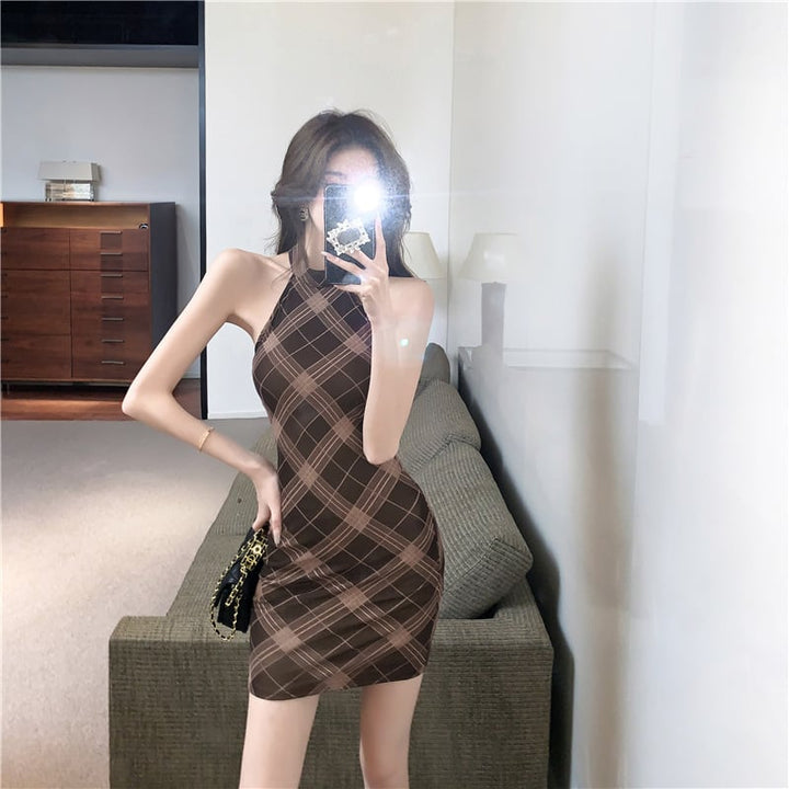 【dress】大人らしい ノースリーブチェック柄デートワンピース　M16798