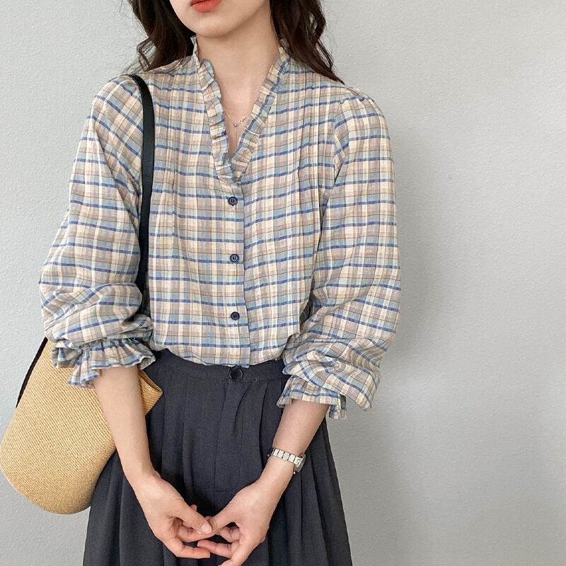 【tops】ギャザーフリル付きチェック柄トップス Q8281