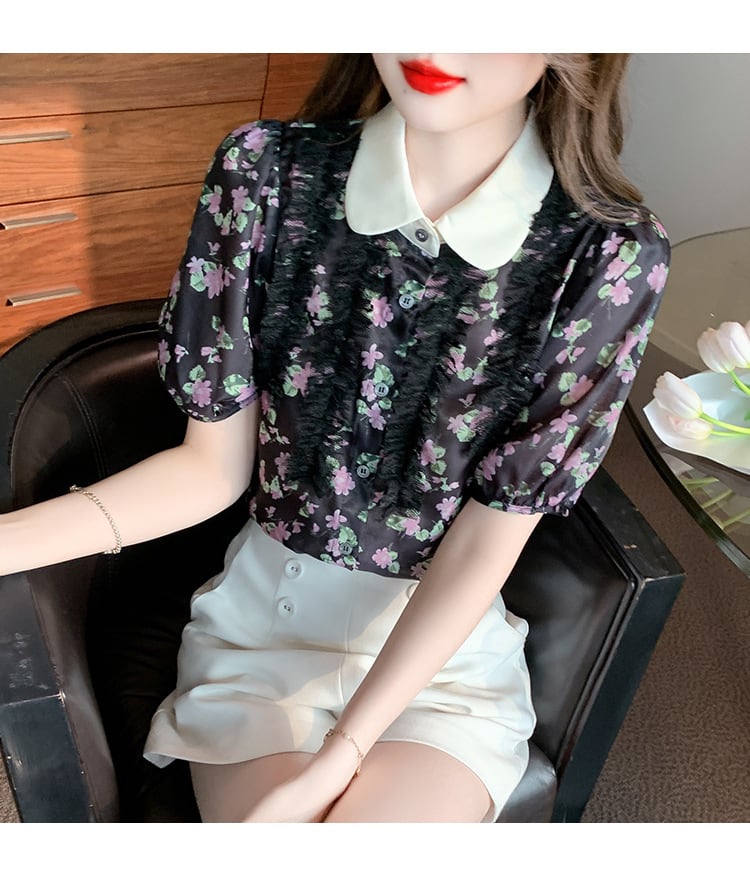 【tops】美人度アップスウィート折り襟花柄シャツトップス　M16883