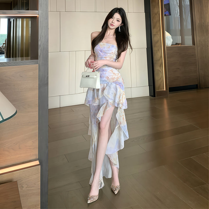 【dress】ベアトップフリルプリントワンピース　M31597