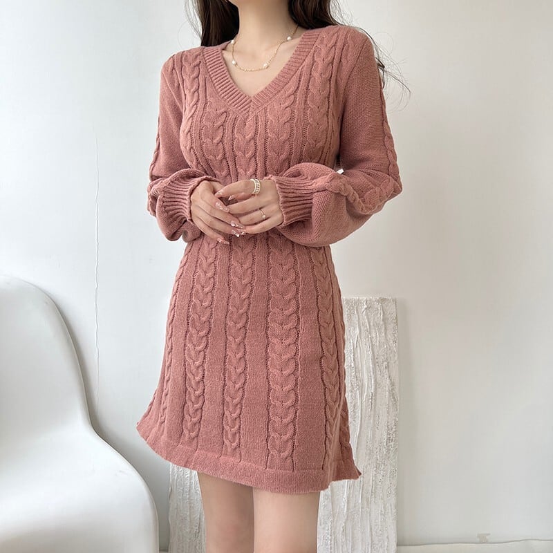 【dress】Vネック無地ニットワンピース　M17948