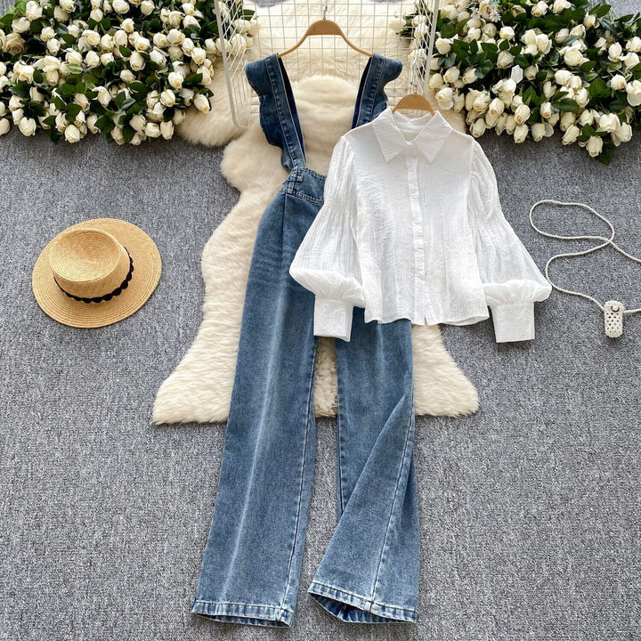 【set】シャツトップス×サロペットデニムパンツセット　M29710