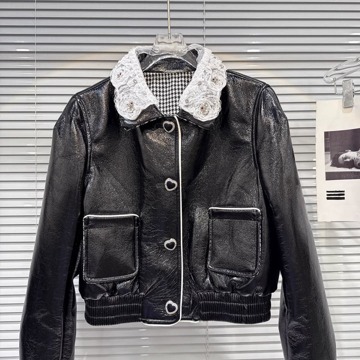 【outer】レースドッキングPUジャケット Q7334