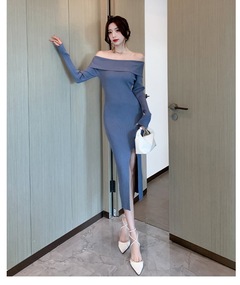 【dress】ボートネックスリットニットワンピース　M18085
