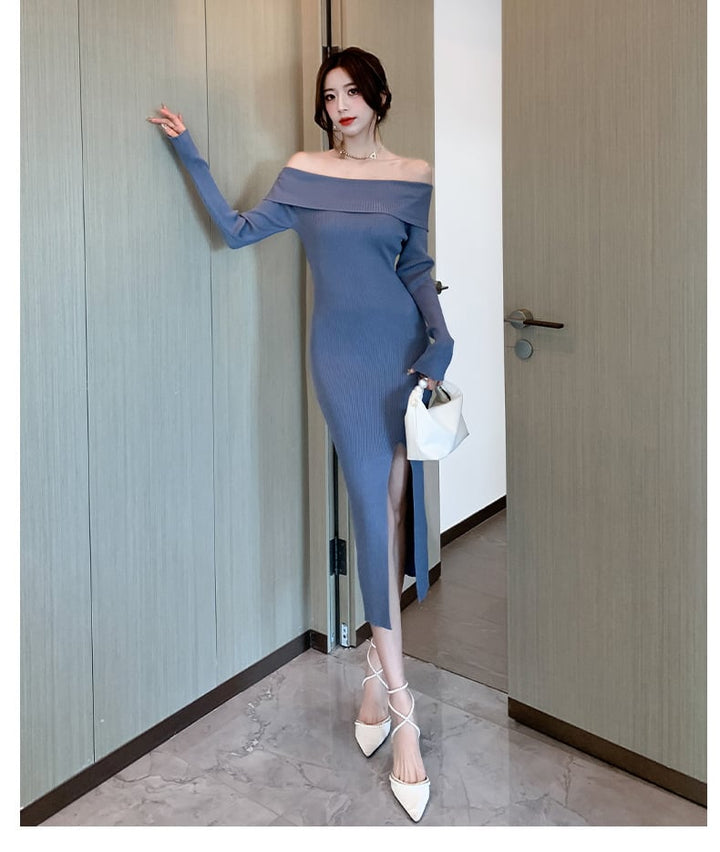 【dress】ボートネックスリットニットワンピース　M18085