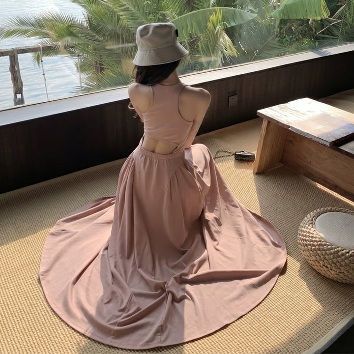 【dress】バックオーポンロングベストワンピース Q8498