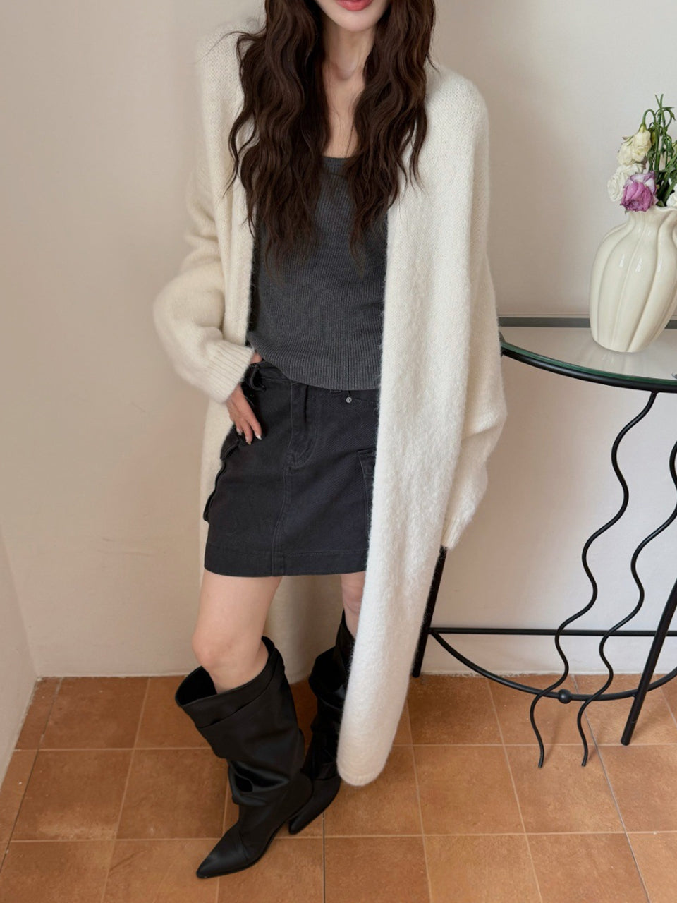 【outer】ロングニットカーディガン Q9163