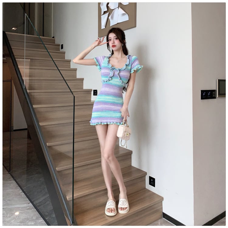 【dress】輝いて超人気 ! ボーダー柄配色ニットワンピース　M16766
