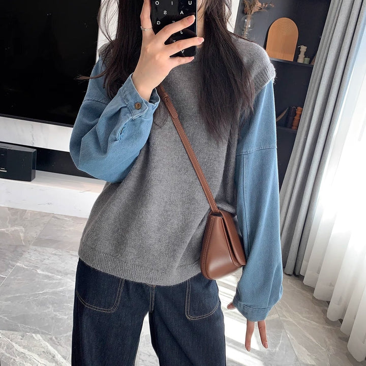【tops】デニム切り替えニットセーター　M26730