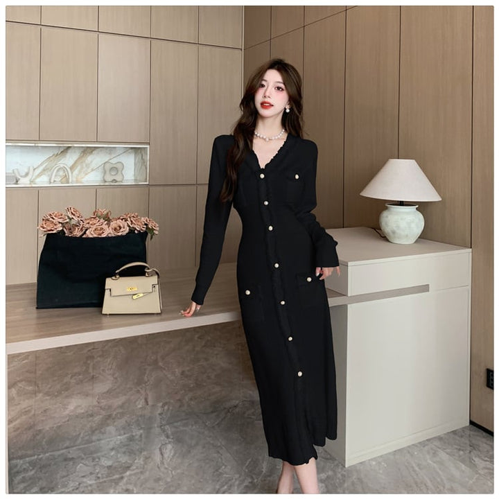 【dress】Vネックボタンデザインニットワンピース　M17919