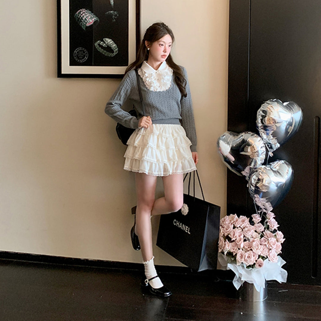 【tops】レースフリルドッキングニットトップス　N3362