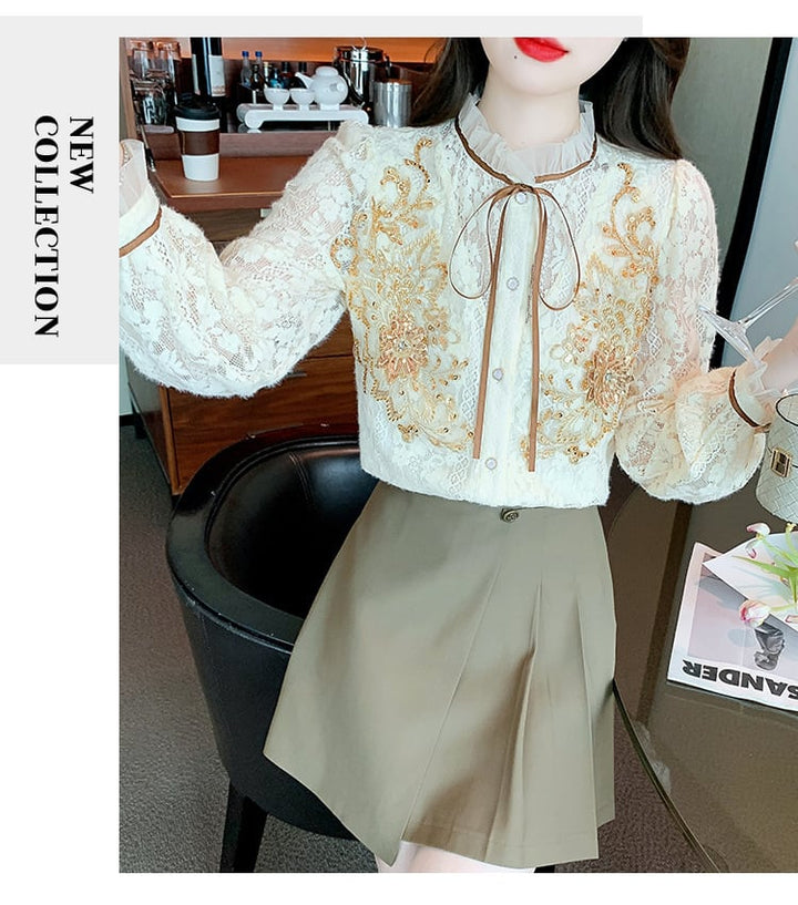【tops】美人度アップエレガントレースシャツトップス　M16878