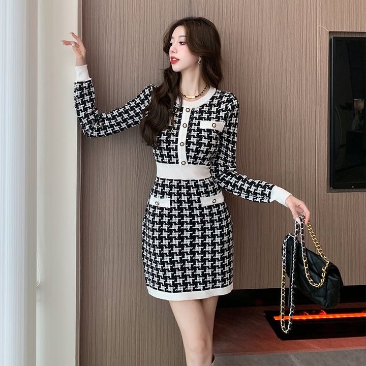 【dress】千鳥格子ニットワンピース　M17627