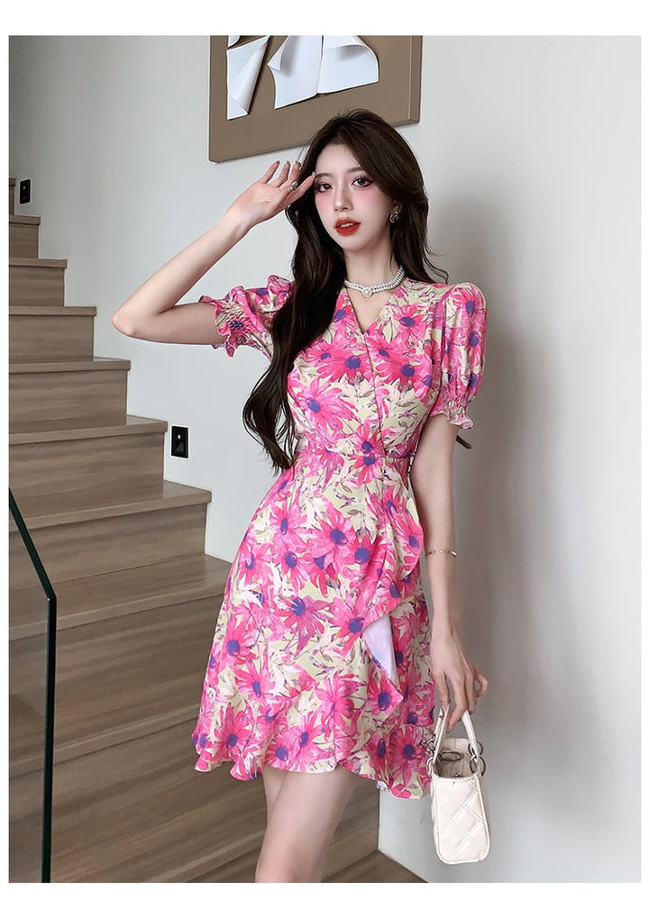 【dress】美人度アップ不規則 イレギュラー花柄ワンピース　M16782