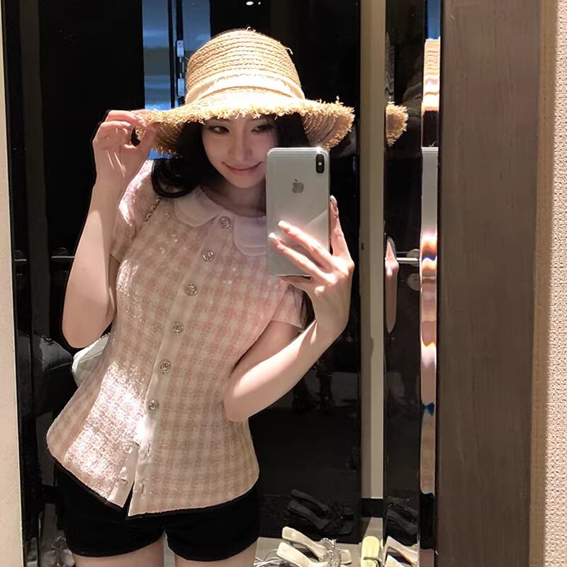 【tops】半袖チェック柄ピーターパンカラートップス Q8274