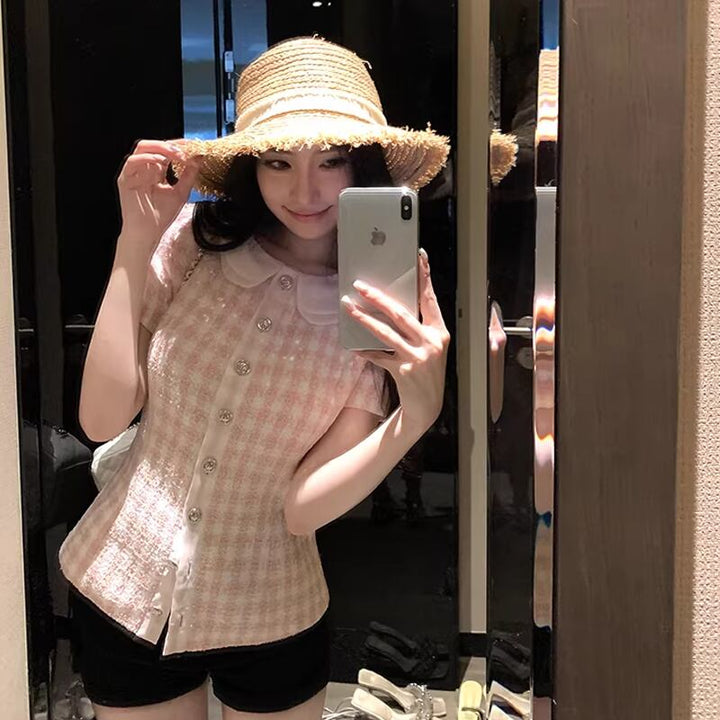 【tops】半袖チェック柄ピーターパンカラートップス Q8274
