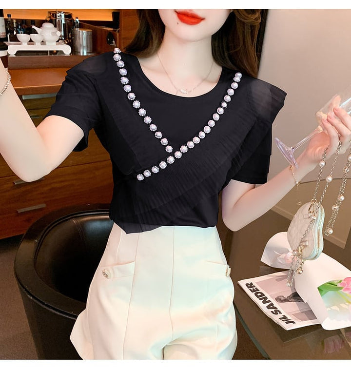 【tops】好感度UP 切り替えオフショルダーTシャツトップス　M16841