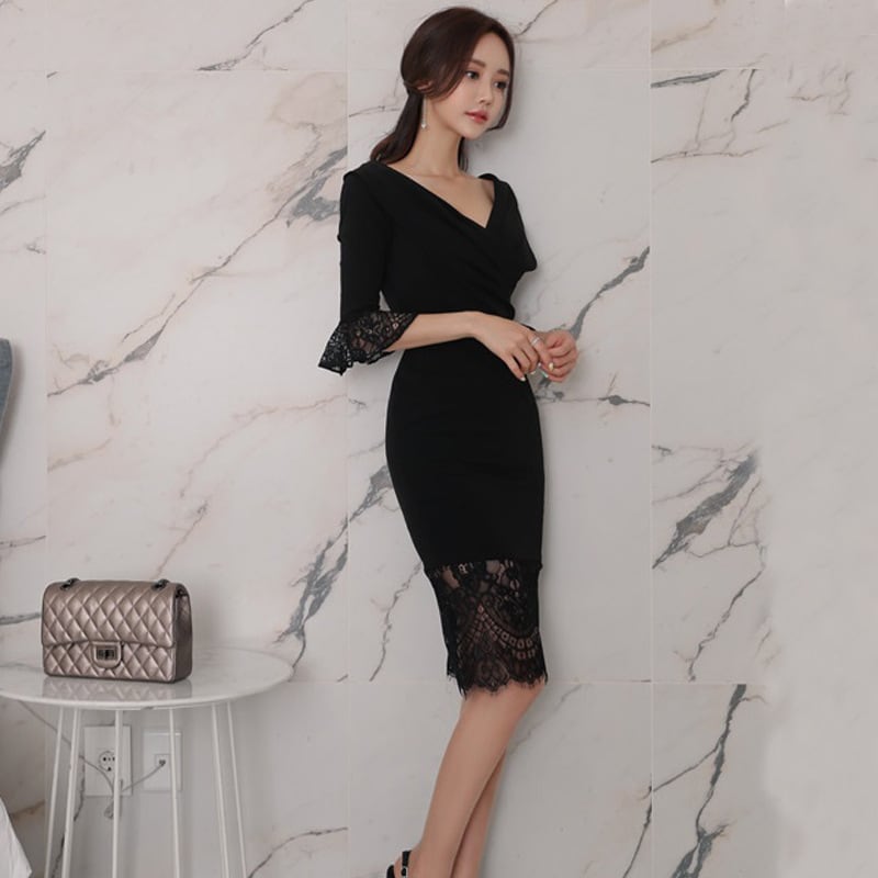 【dress】美人度アップVネックレース切り替えワンピース　M17427