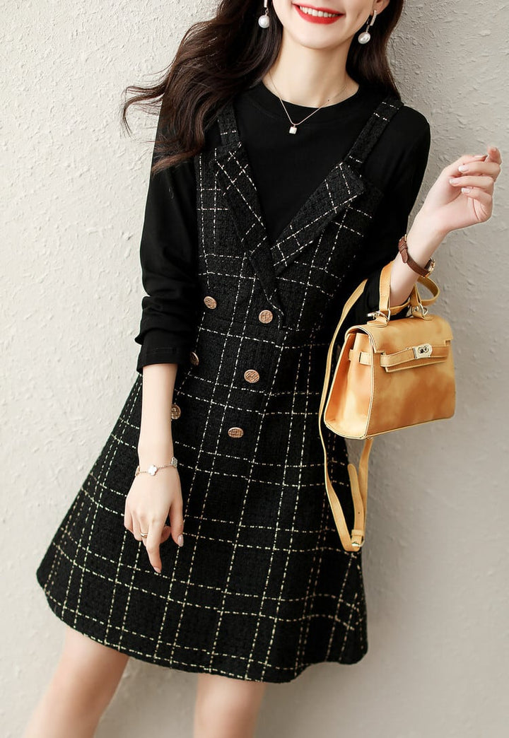 【dress】切り替えボタンデザインチェック柄ワンピース　M17688