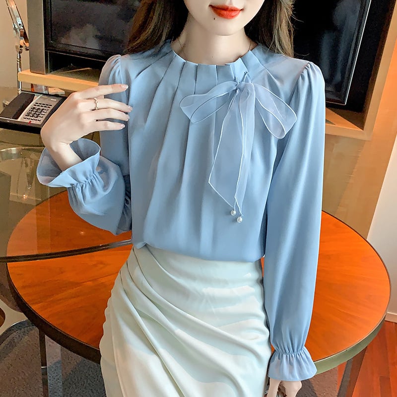 【tops】今季マストバイエレガントリボン付きシャツトップス　M16787
