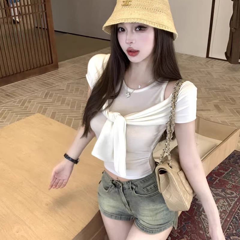 【tops】オープンショルダーフェイクレイヤードトップス Q8296