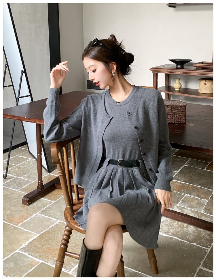 【set】ニットカーデ×ベストワンピースセットベルト付き　M26484
