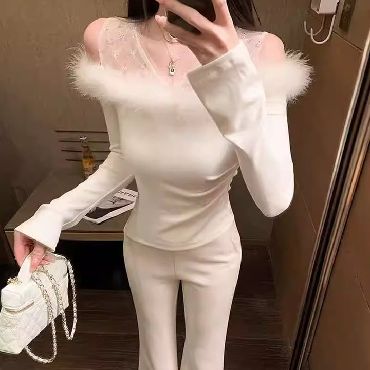 【tops】ファー付きフェイクレイヤードトップス Q7840