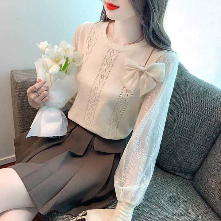 【tops】優しい雰囲気リボン付きレース切り替えトップス　M17185