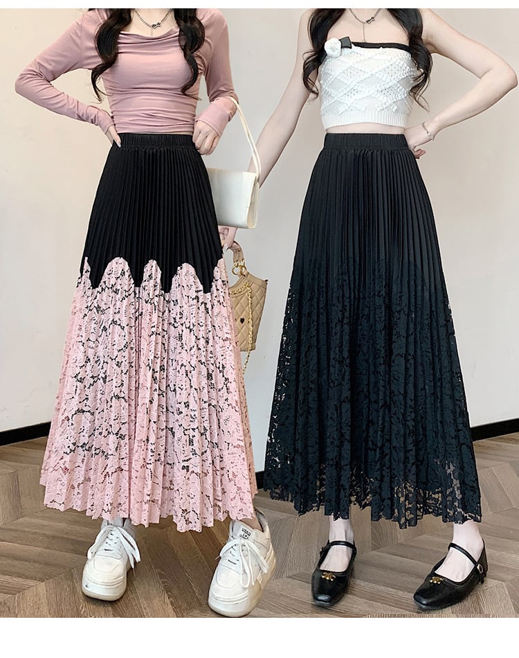 【bottoms】プリーツレース切り替えスカート　M29356