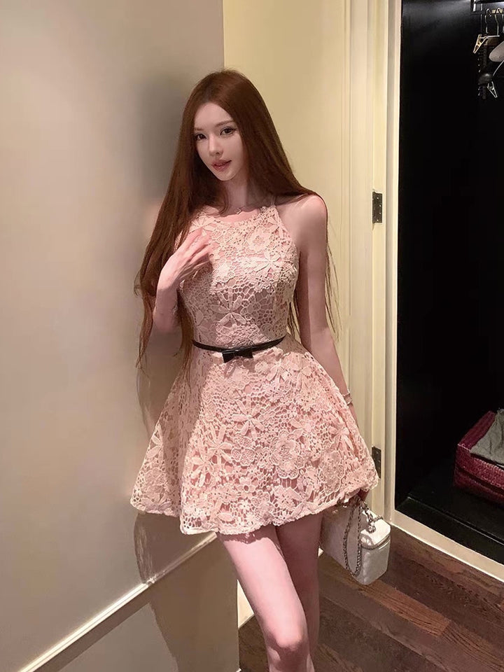 【dress】ベルト付きノースリーブレースワンピース Q8755
