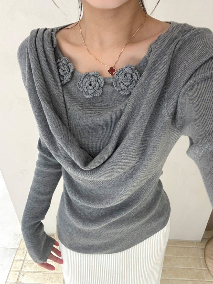 【tops】立体フラワー付きドレープドネックニットトップス Q9130