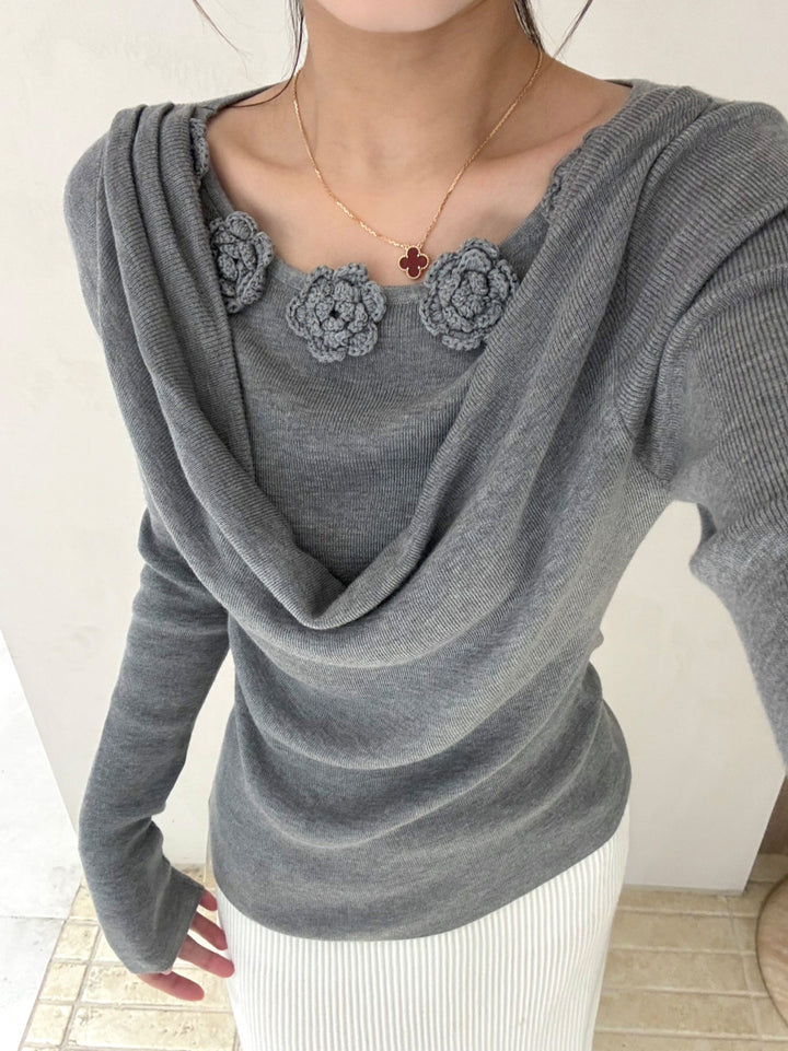 【tops】立体フラワー付きドレープドネックニットトップス Q9130