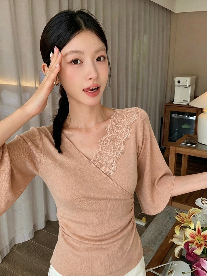 【tops】レースドッキングニットトップス Q9060